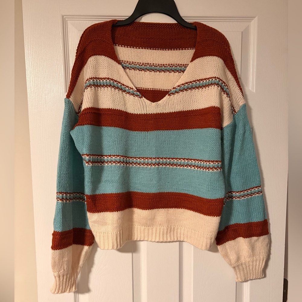 V-Neck Sweater - Rust, Cream, and Teal